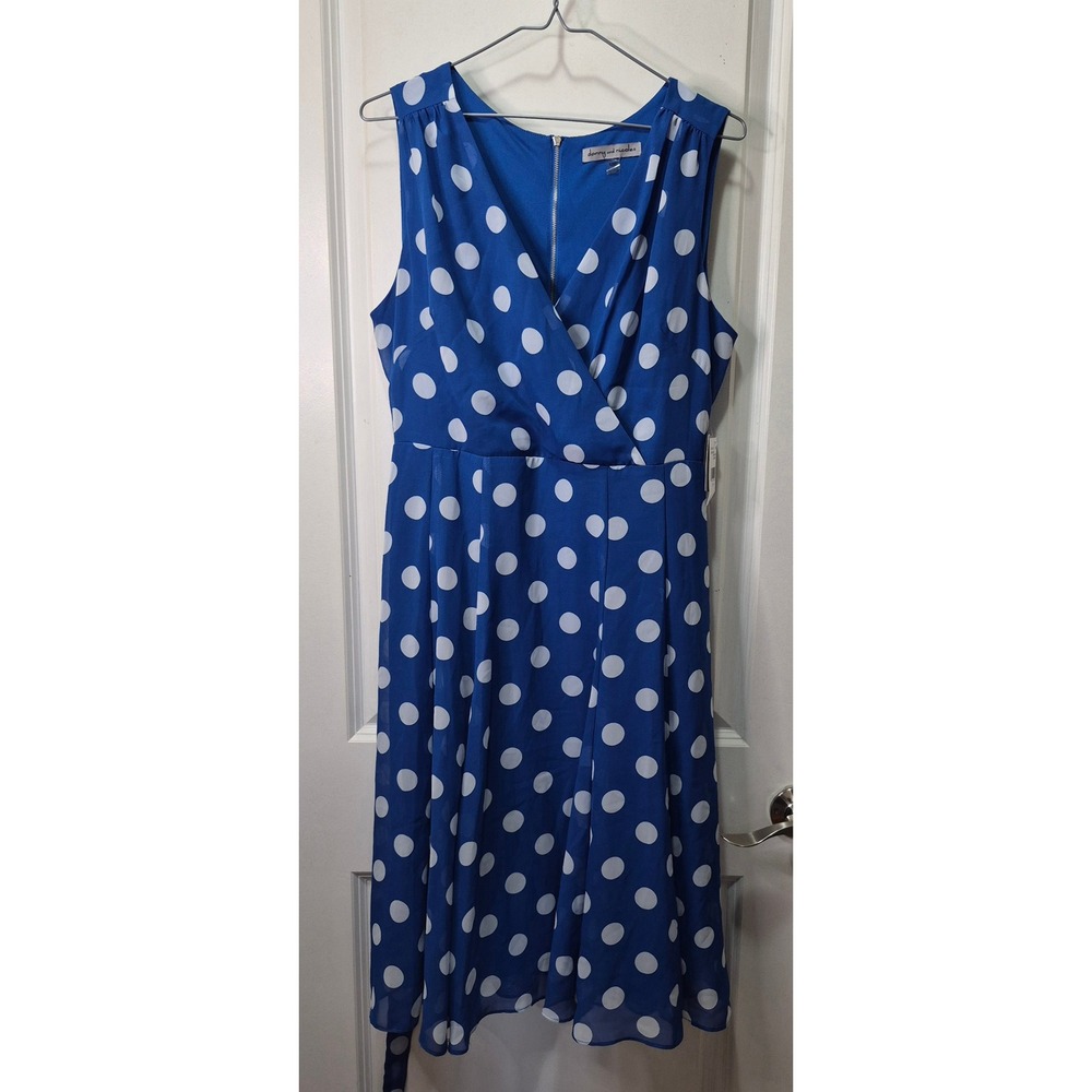Danny and‎ Nicole Blue White Polka Dot Faux Wrap Midi Dress Womens 12P Petite